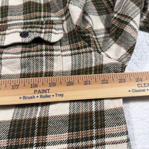 Orvis Mens L Flannel Plaid Shirt Long Sleeve Button Down Green Tan Heavyweight - Picture 6 of 11